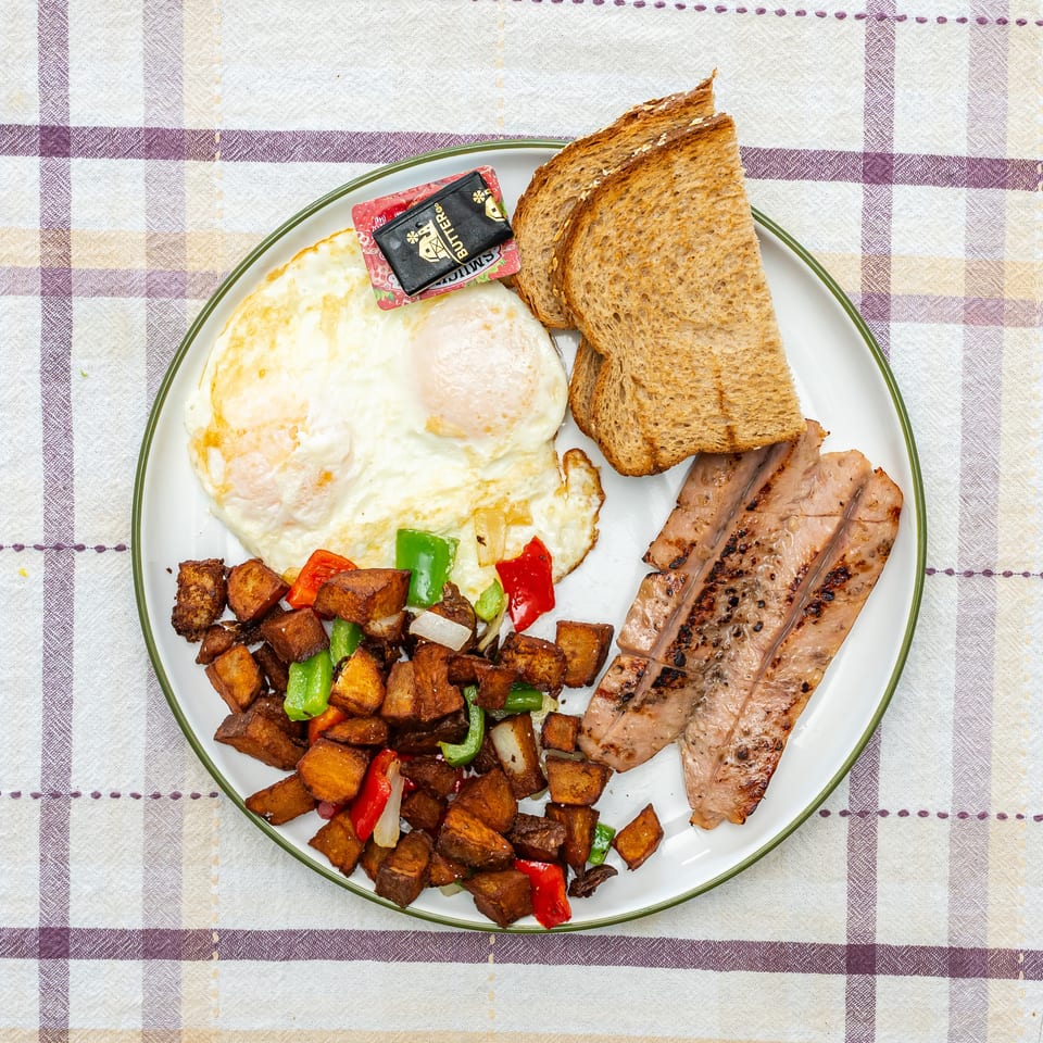 Breakfast plate with fried eggs, grilled bacon, roasted potatoes and peppers, toast, and butter on a checkered tablecloth.